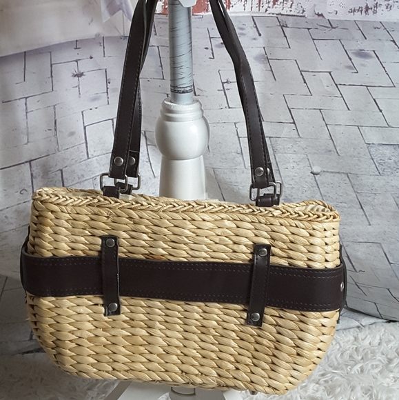 Designer Inspired faux leather double handle straw handbag with buckle accent - Picture 4 of 6